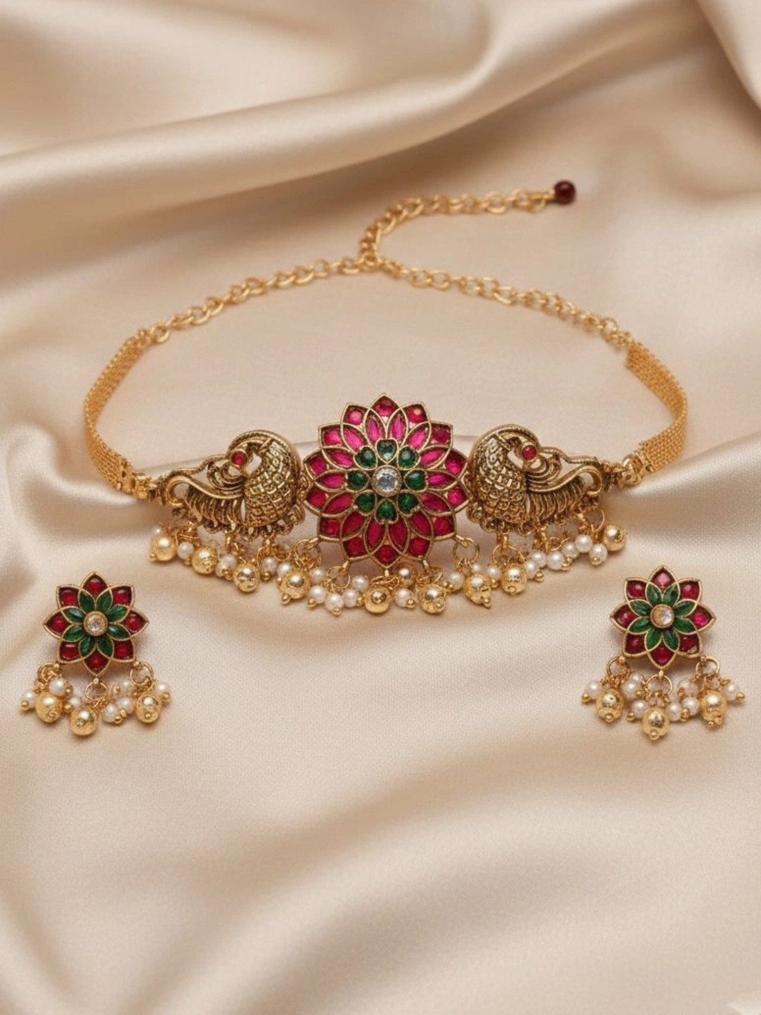 SHREEVAANI Gold-Plated Enamelled Stone Studded & Beaded Necklace and Earrings