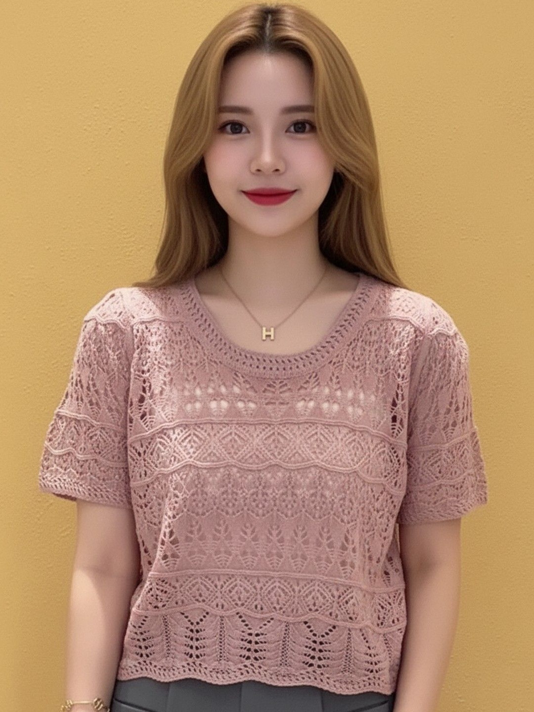 DressBerry Women Round Neck Crochet Cotton Top
