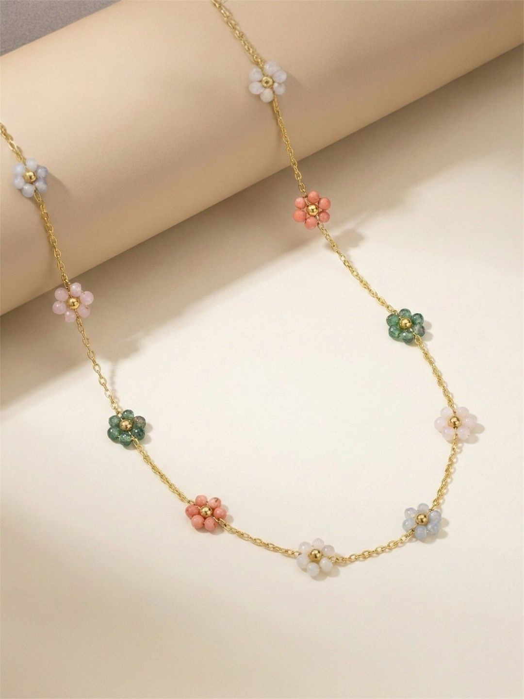 JYARSH Women Gold Plated Anti-Tarnish Stainless Steel Multicolor Floral Charm Necklace