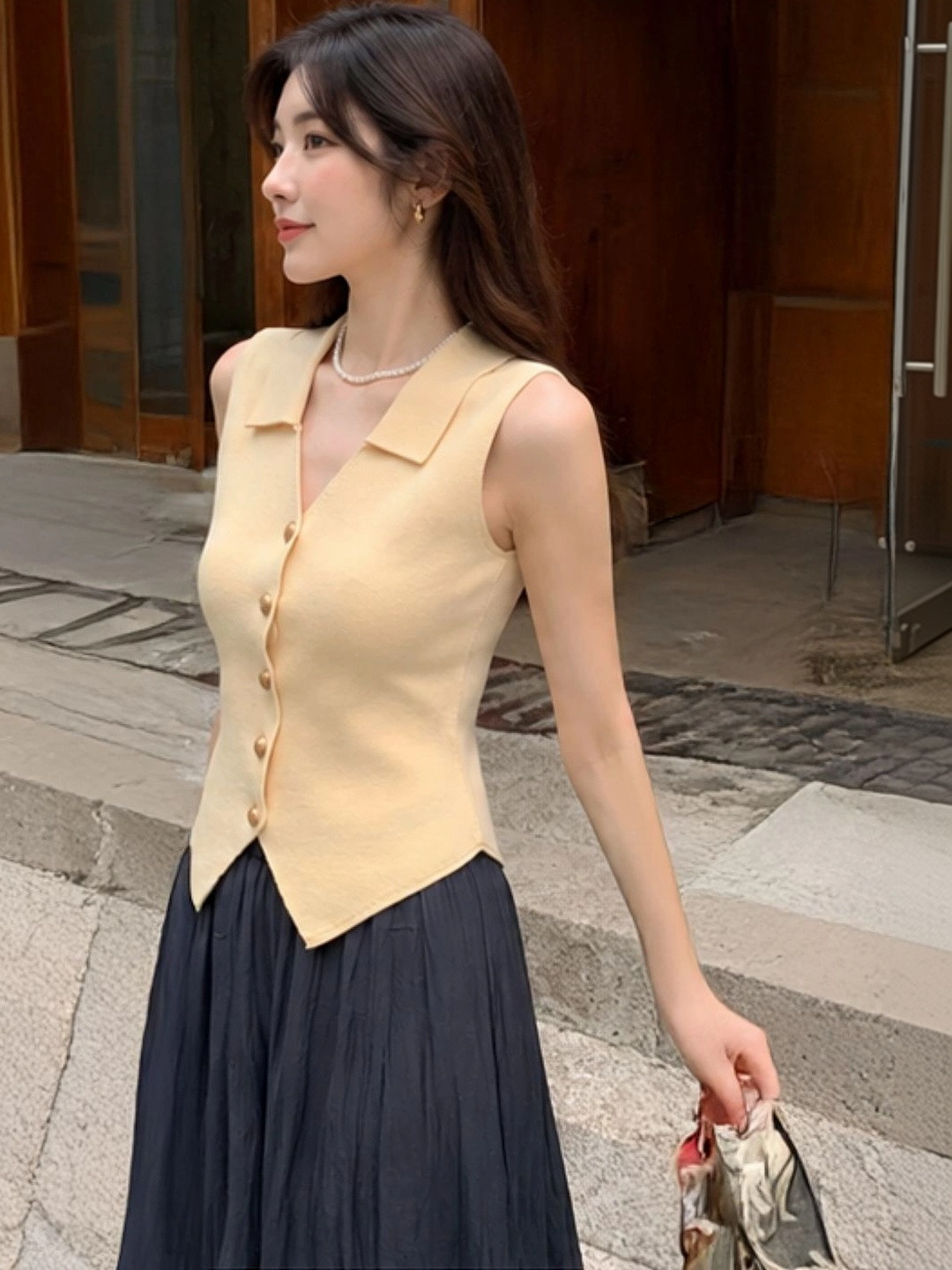 Khaki V-Neck Sleeveless Button Top