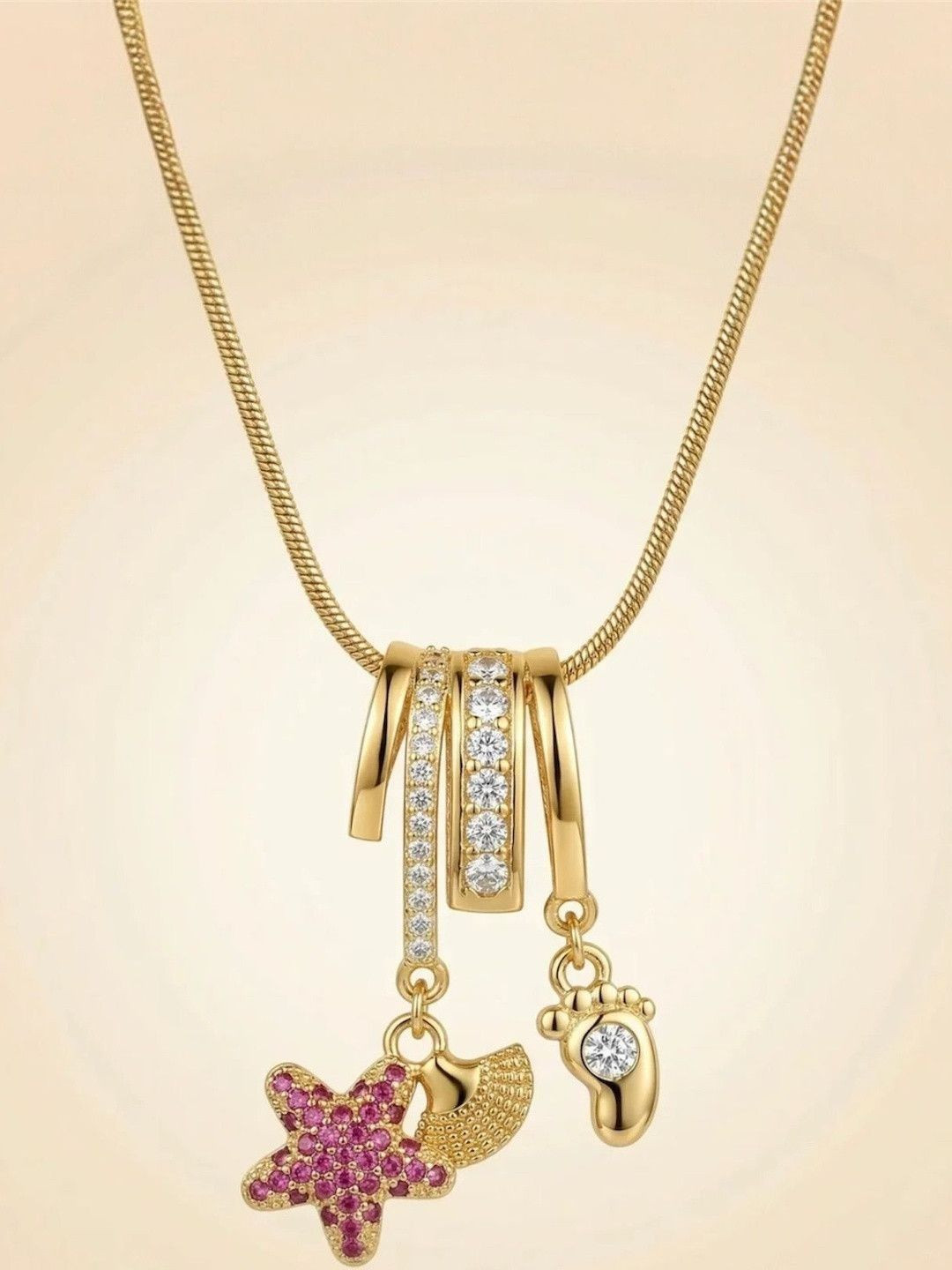 JYARSH Women Gold Plated Anti-Tarnish Stainless Steel CZ Star Shell Statement Necklace