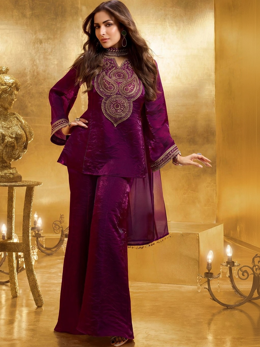Inddus Women Floral Zari Embroidered Yoke Design Crushed Organza Kurta Set with Dupatta