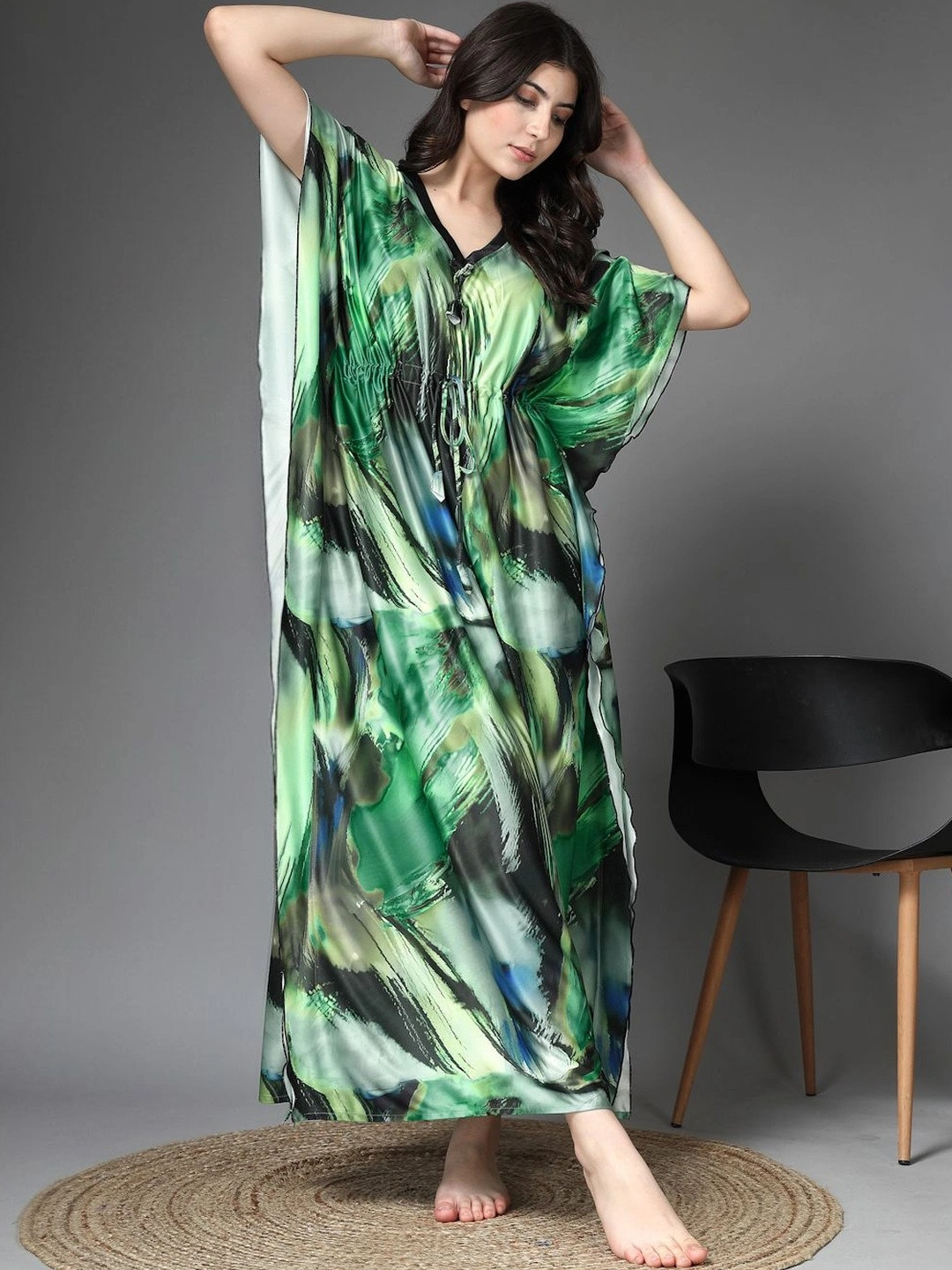 FABINALIV Women Abstract Printed V-Neck Maxi Kaftan Nightdress