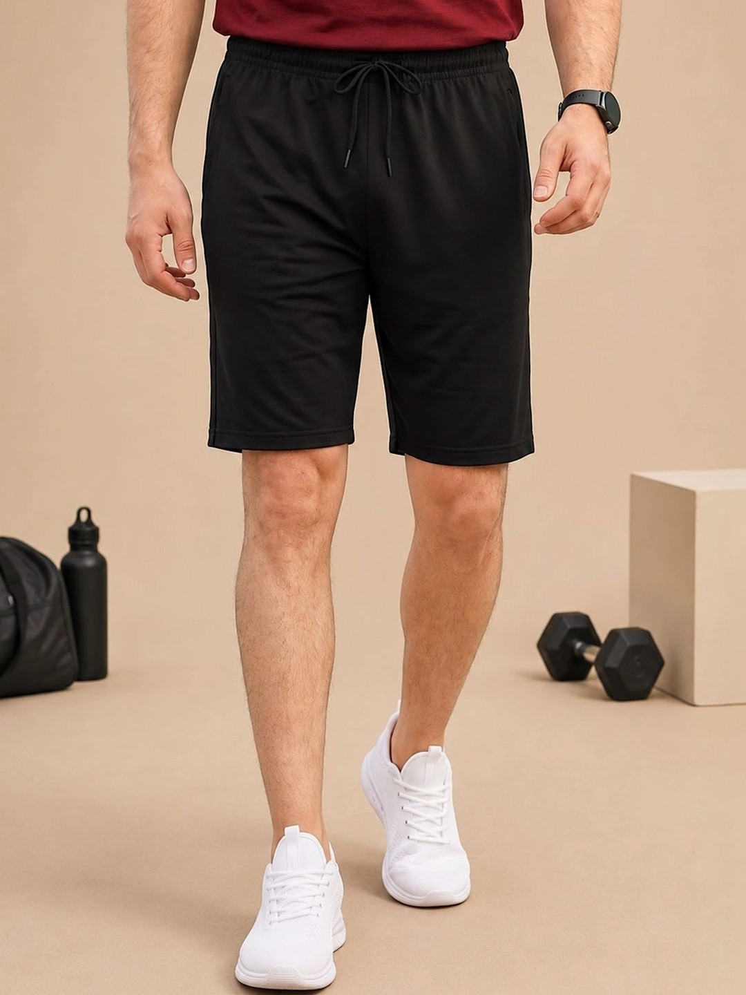 RETWE Men Regular Fit Zipper Pocket Sports Running Shorts