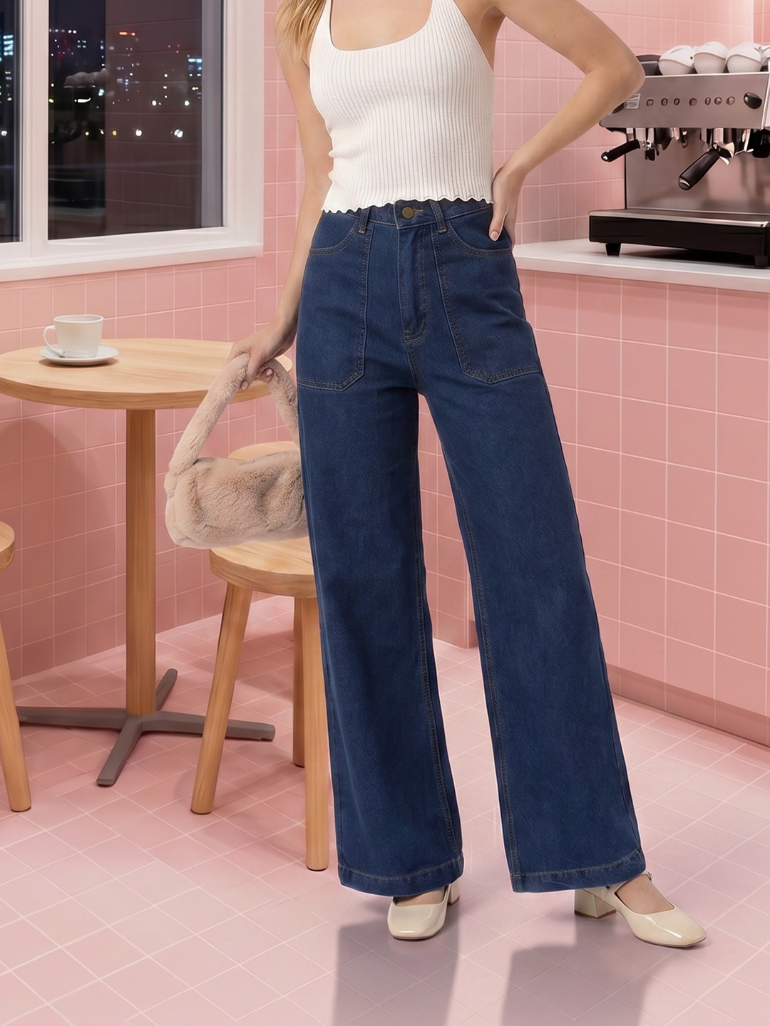 DressBerry Women Wide Leg Light Fade Stretchable Jeans