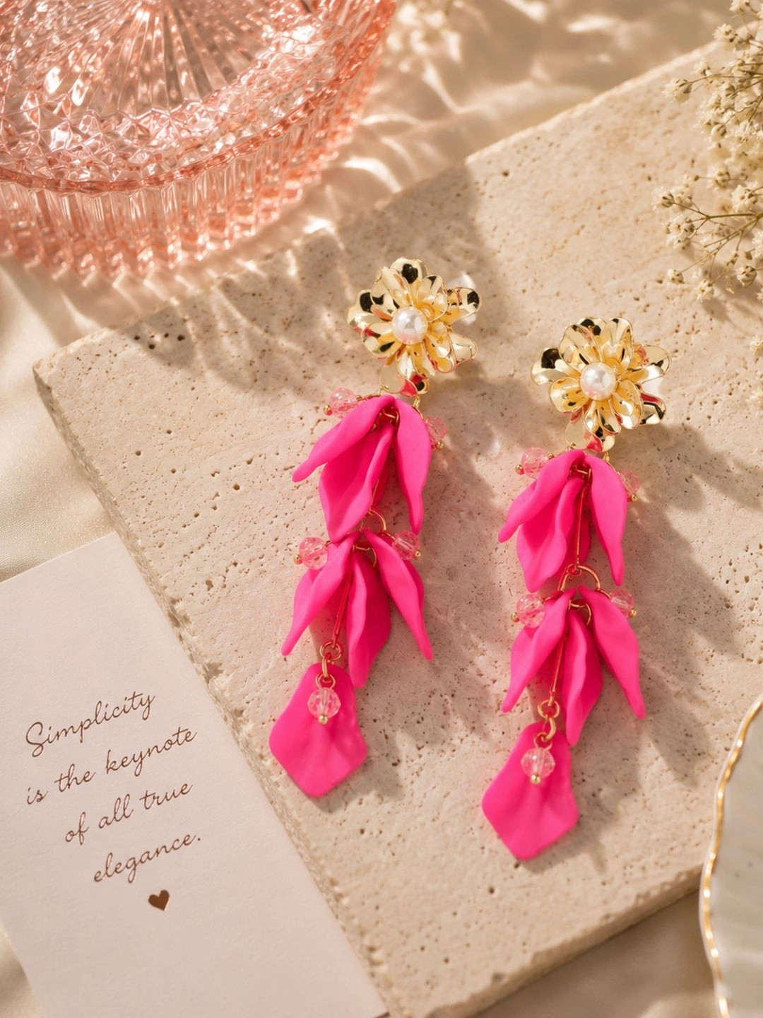 Beatnik Gold-Plated Artificial Stones Studded & Beaded Floral Shaped Drop Earrings
