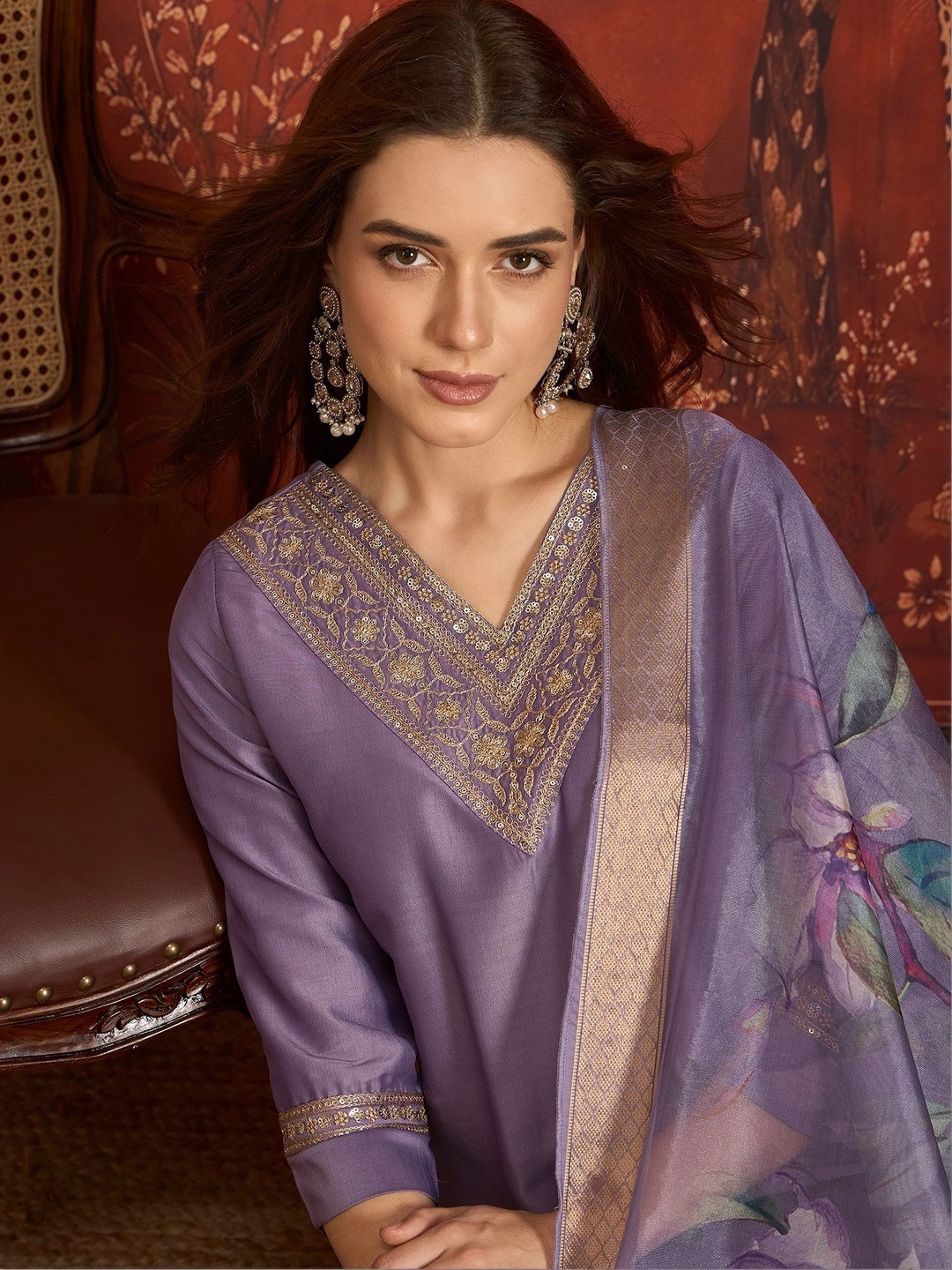 Sangria Women Ethnic Motifs Embroidered Regular Thread Work Kurta with Trousers & With Dupatta