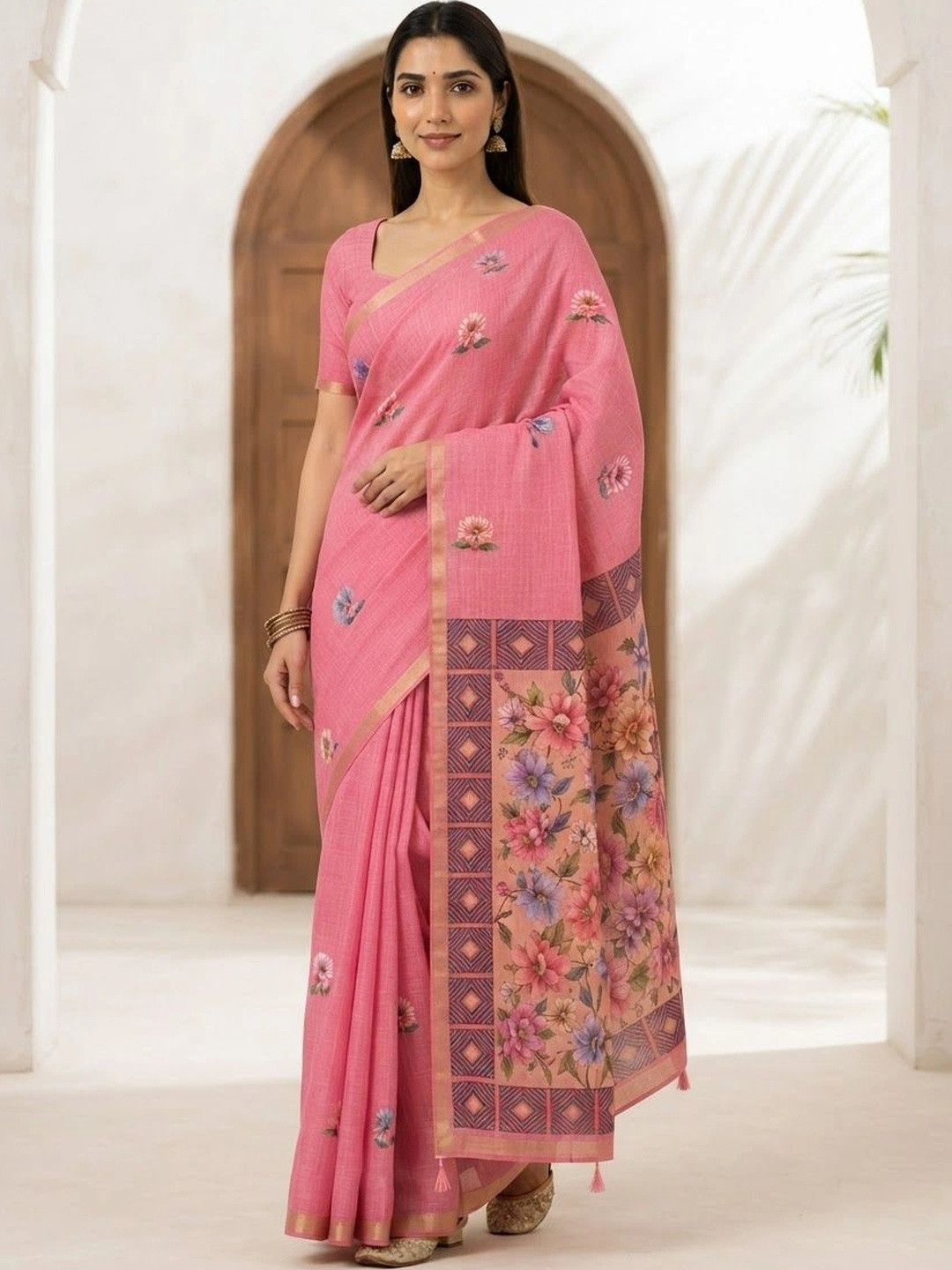 MEHARIKA Floral Pure Linen Khadi Saree