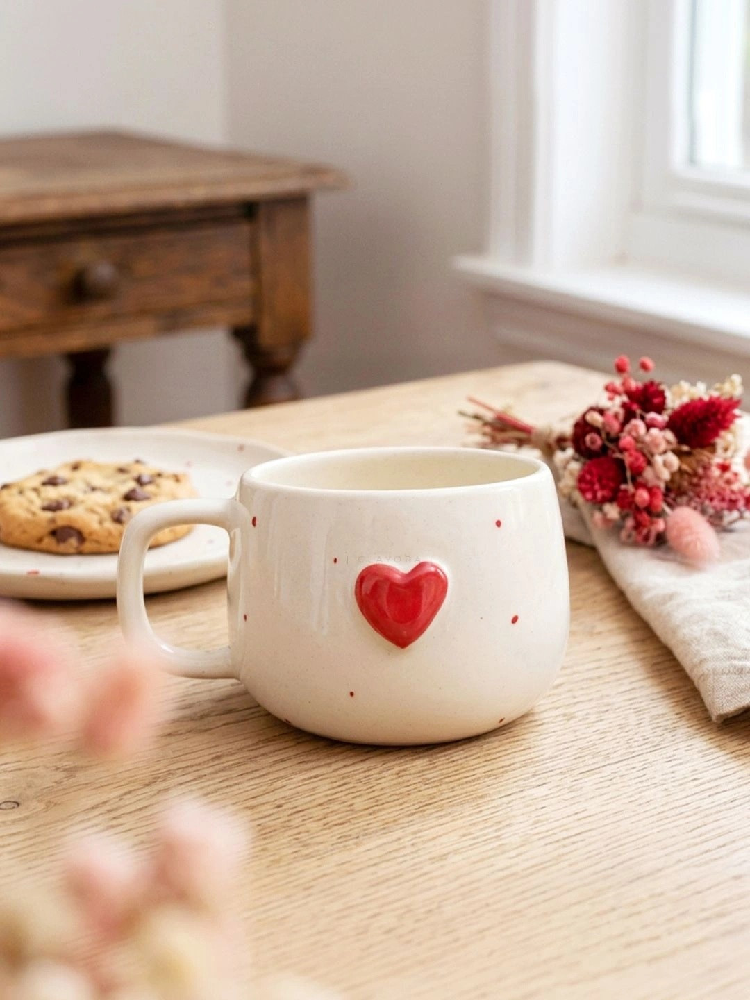CLAYORA White & Red Handcrafted Printed Ceramic Glossy Cups Set of Cups and Mugs