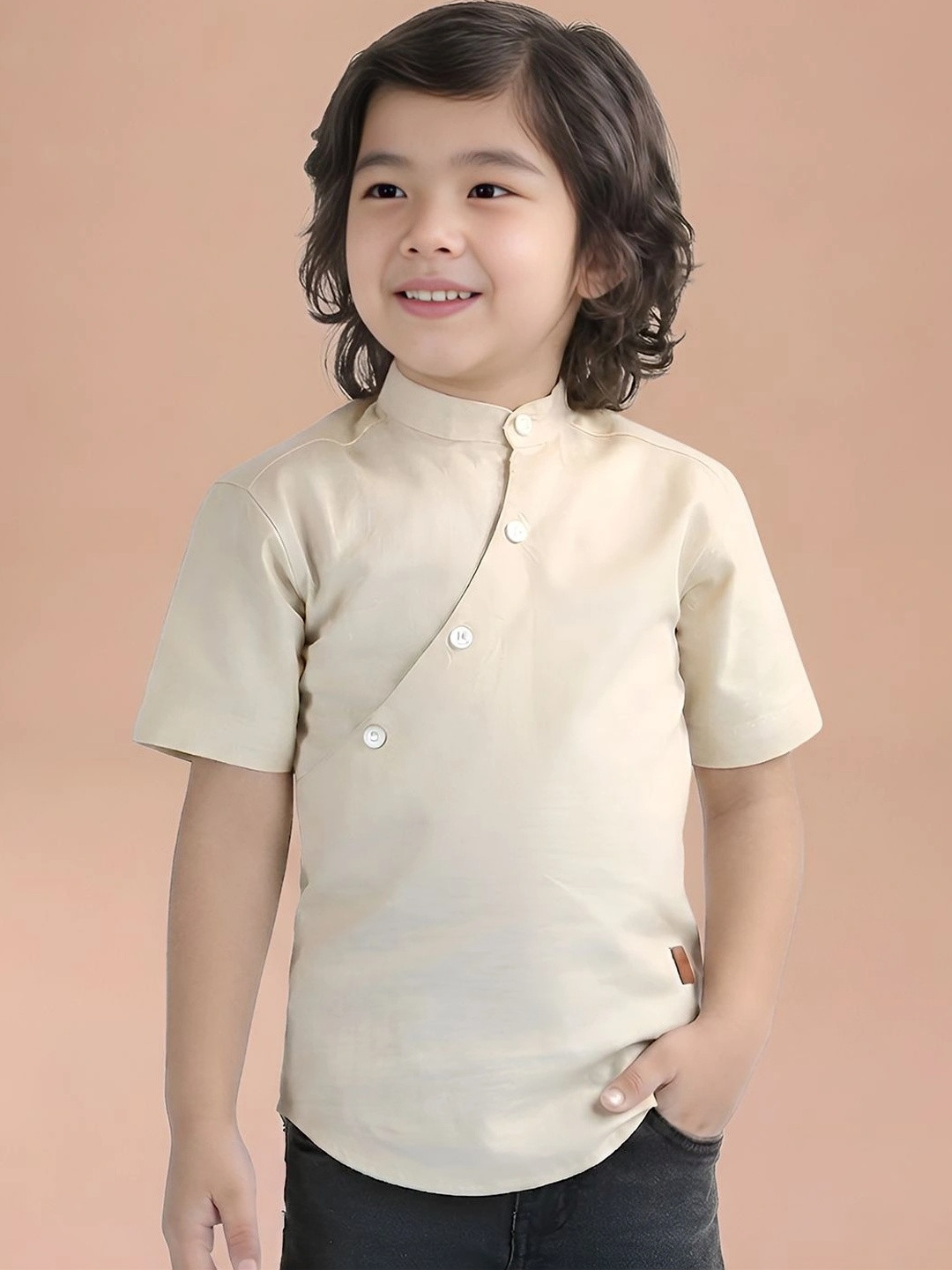 Polka Tots Boys Band Collar Short Sleeves Cotton Straight Kurta