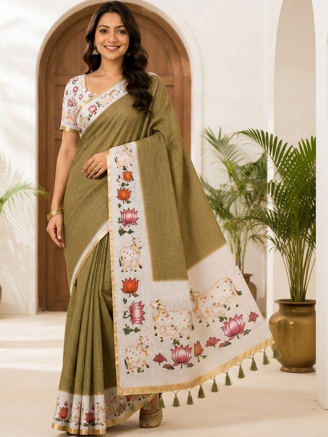 MEHARIKA Floral Pure Linen Khadi Saree