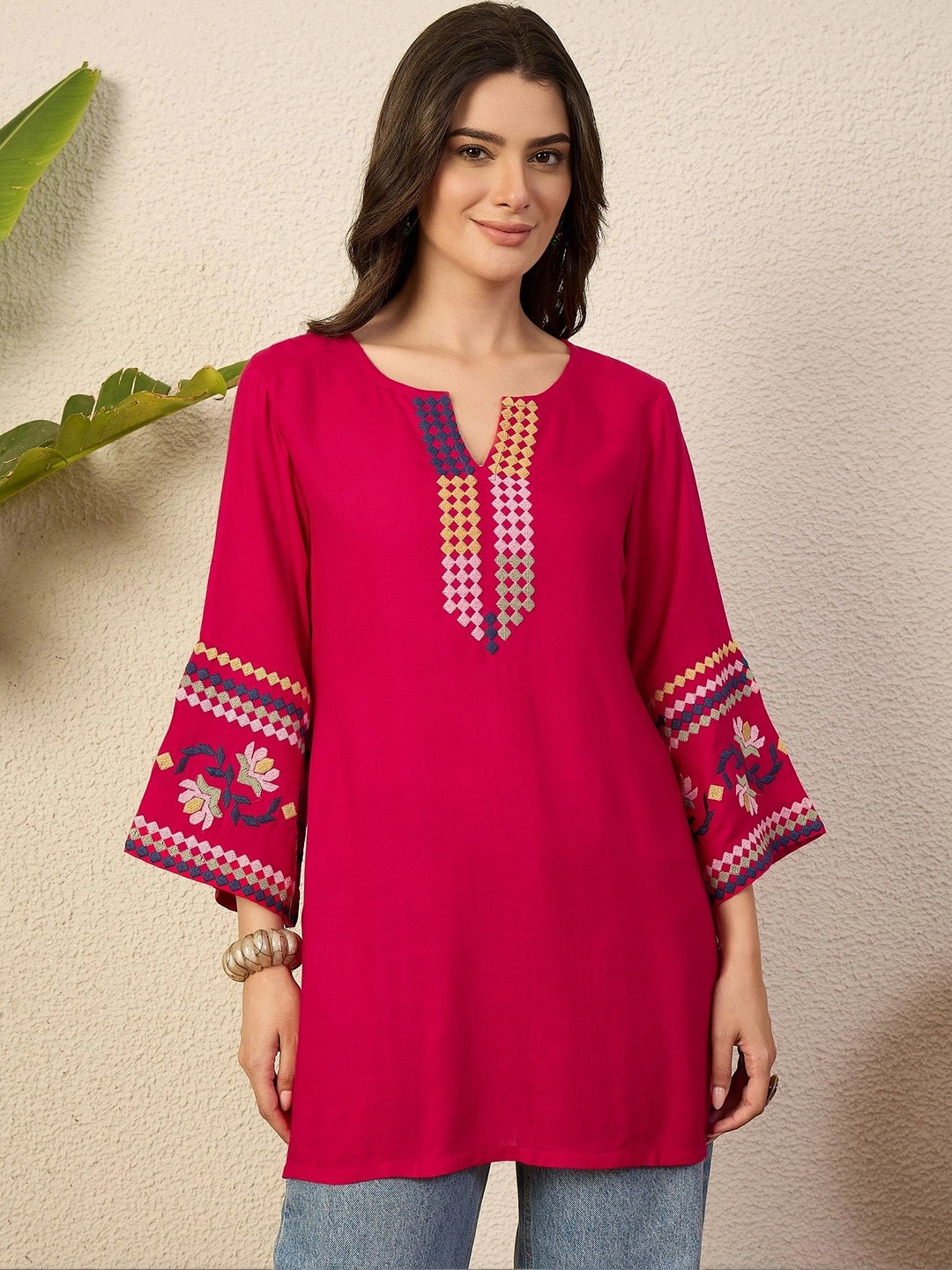 Anouk Ethnic Motifs Embroidered Flared Sleeves Thread Work Liva Blend Thread Work Kurti