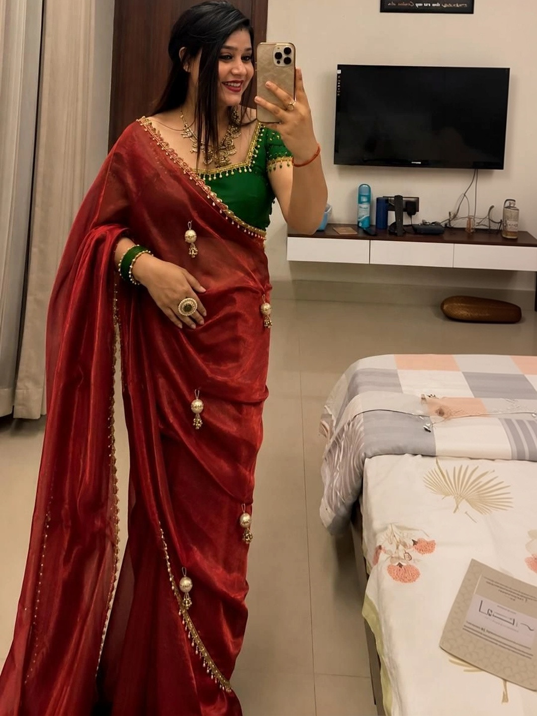 GMIYA Beads and Stones Tissue Designer Saree