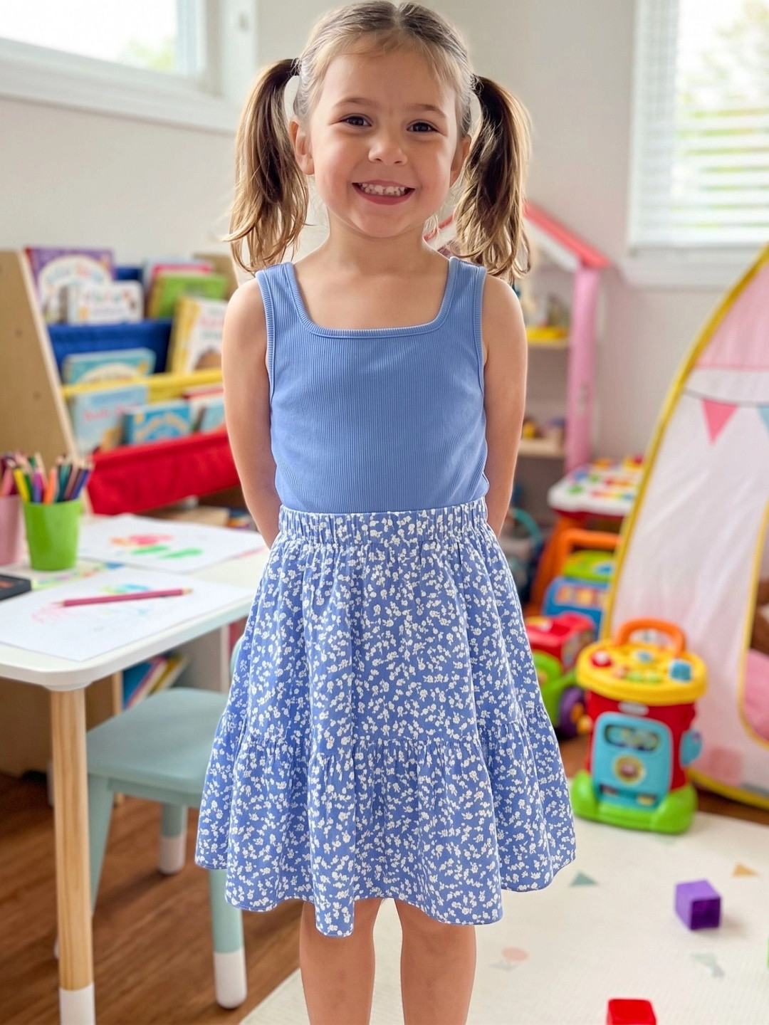 Kidlily Girls Blue Cotton Blend Floral Printed Fit & Flare Dress