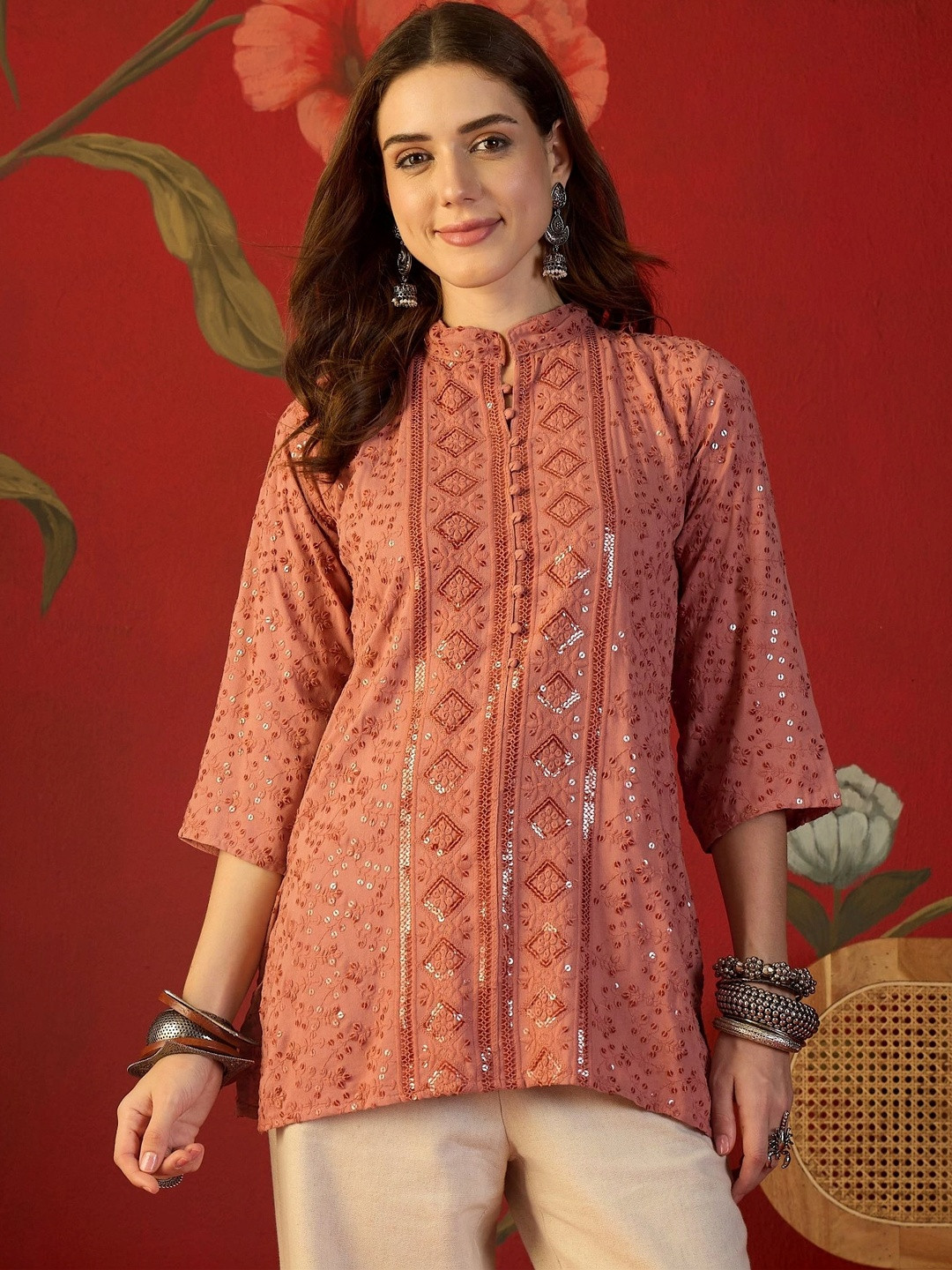 Sangria Ethnic Motifs Embroidered Sequinned Sequinned Kurti
