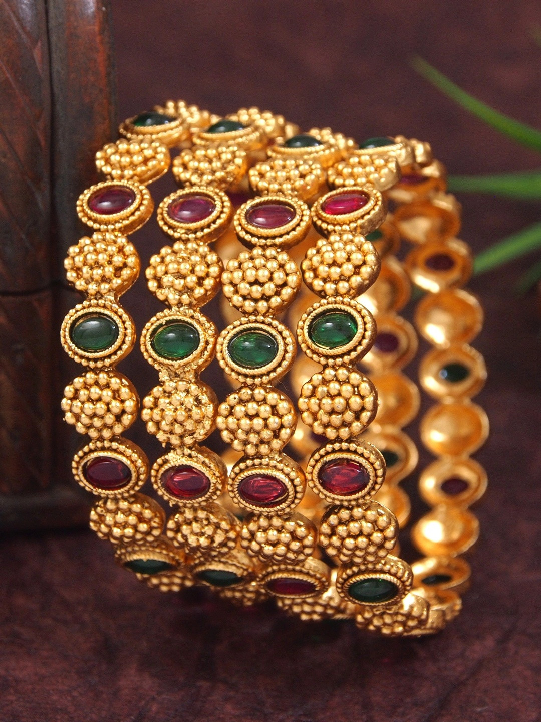 SGA FASHION Set Of 4 Gold-Plated AD-Studded Matte Polished Bangles