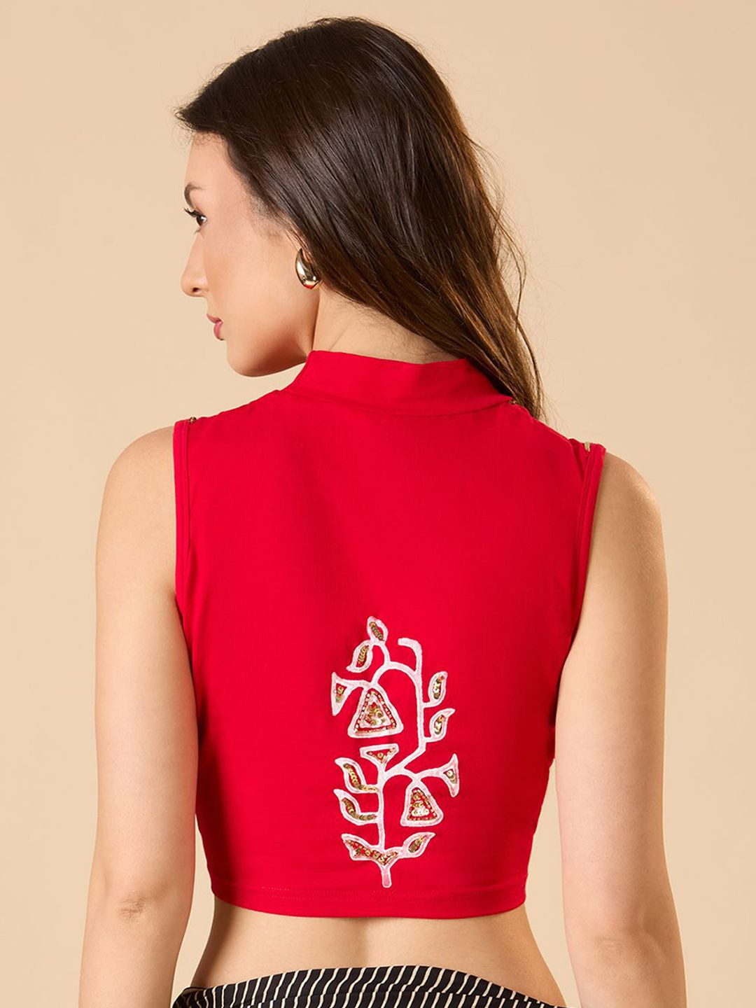 SALWAR STUDIO Hand Block Turtle Neck Stretchable Sleeveless Blouse