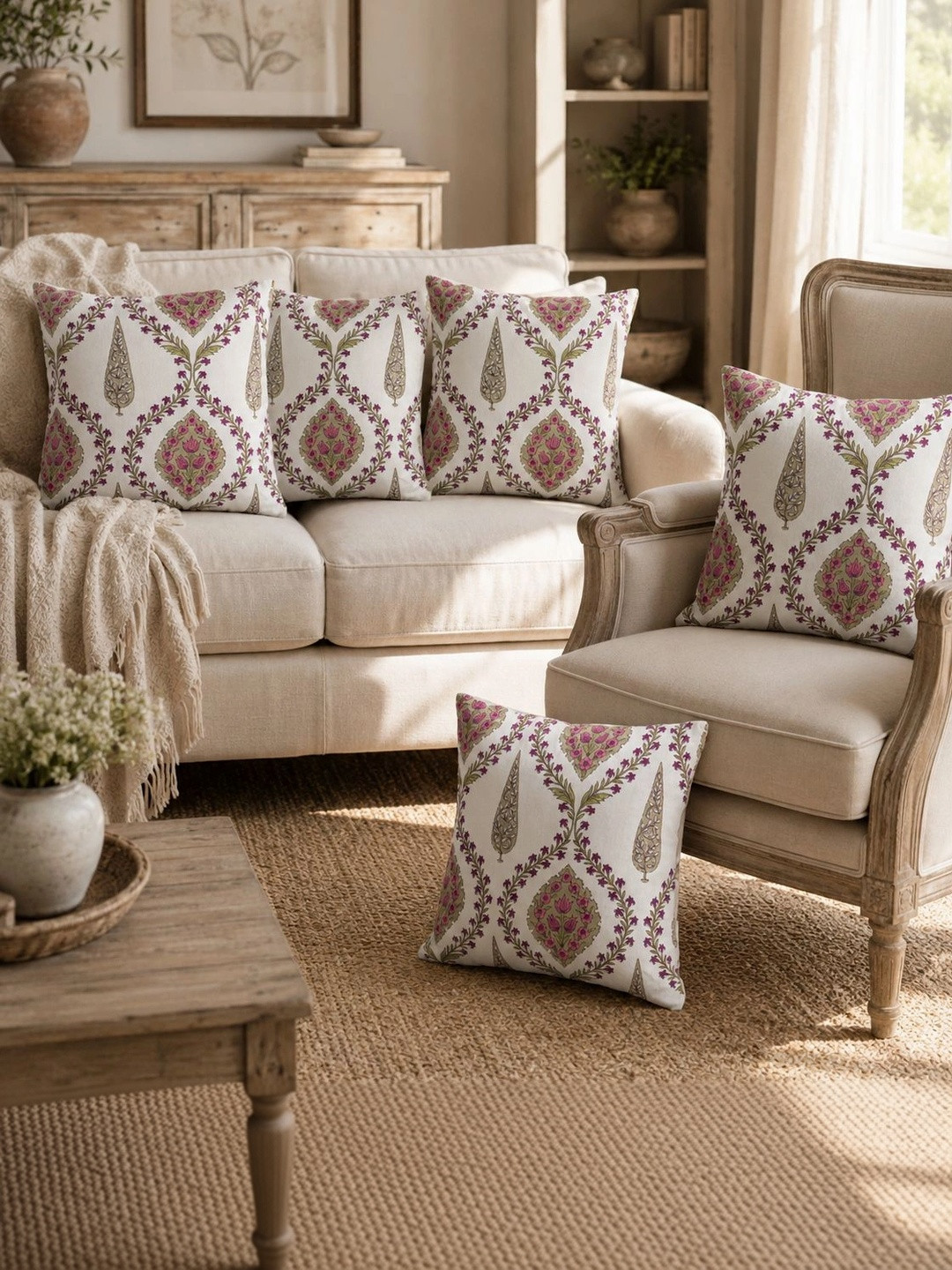 Aura Cream-Coloured & Purple Set of 5 Ethnic Motifs Square Cushion Covers