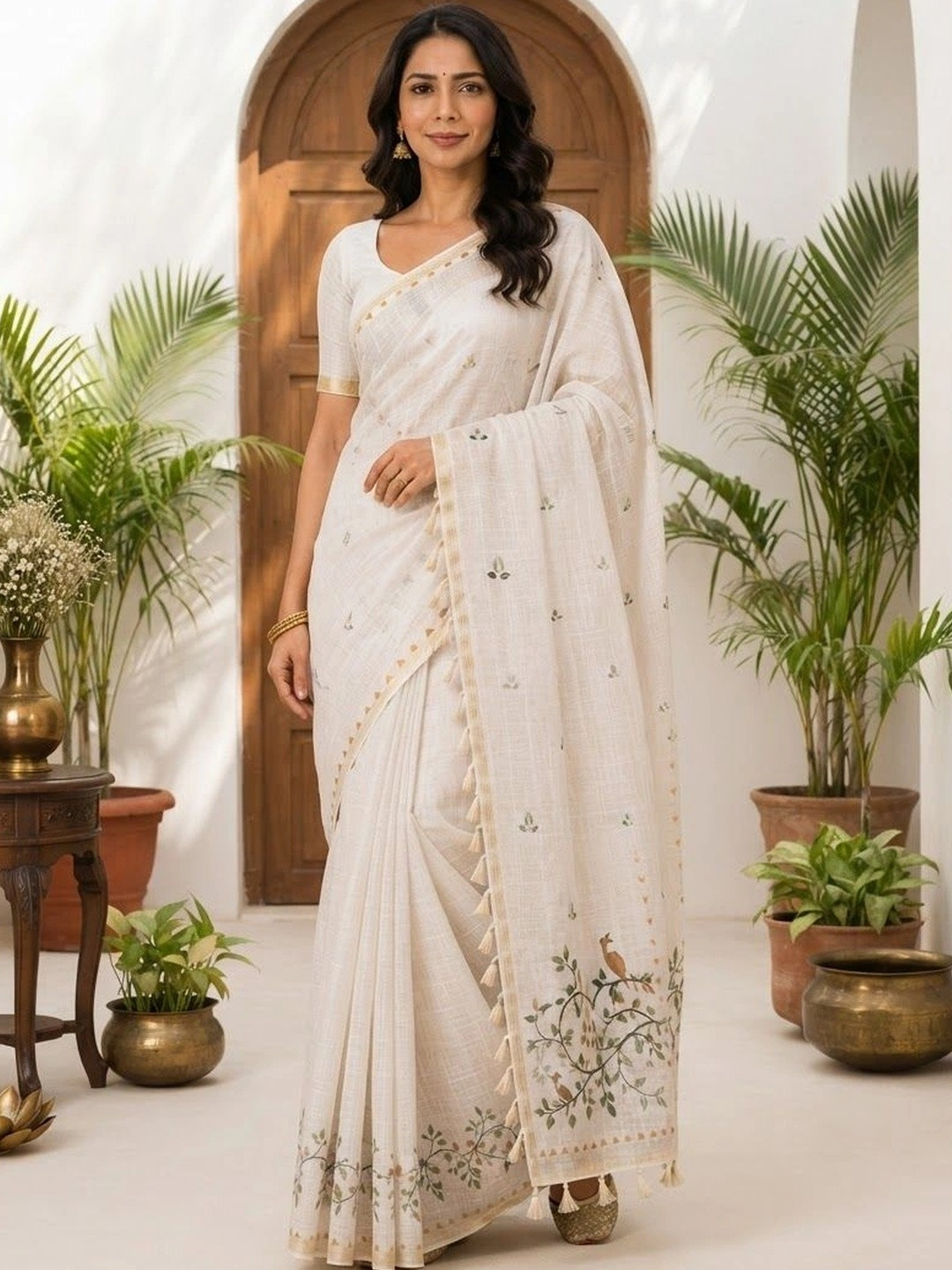MEHARIKA Floral Pure Linen Khadi Saree