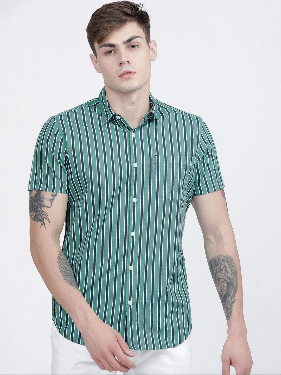 HIGHLANDER Men Teal Slim Fit Striped Casual Shirt