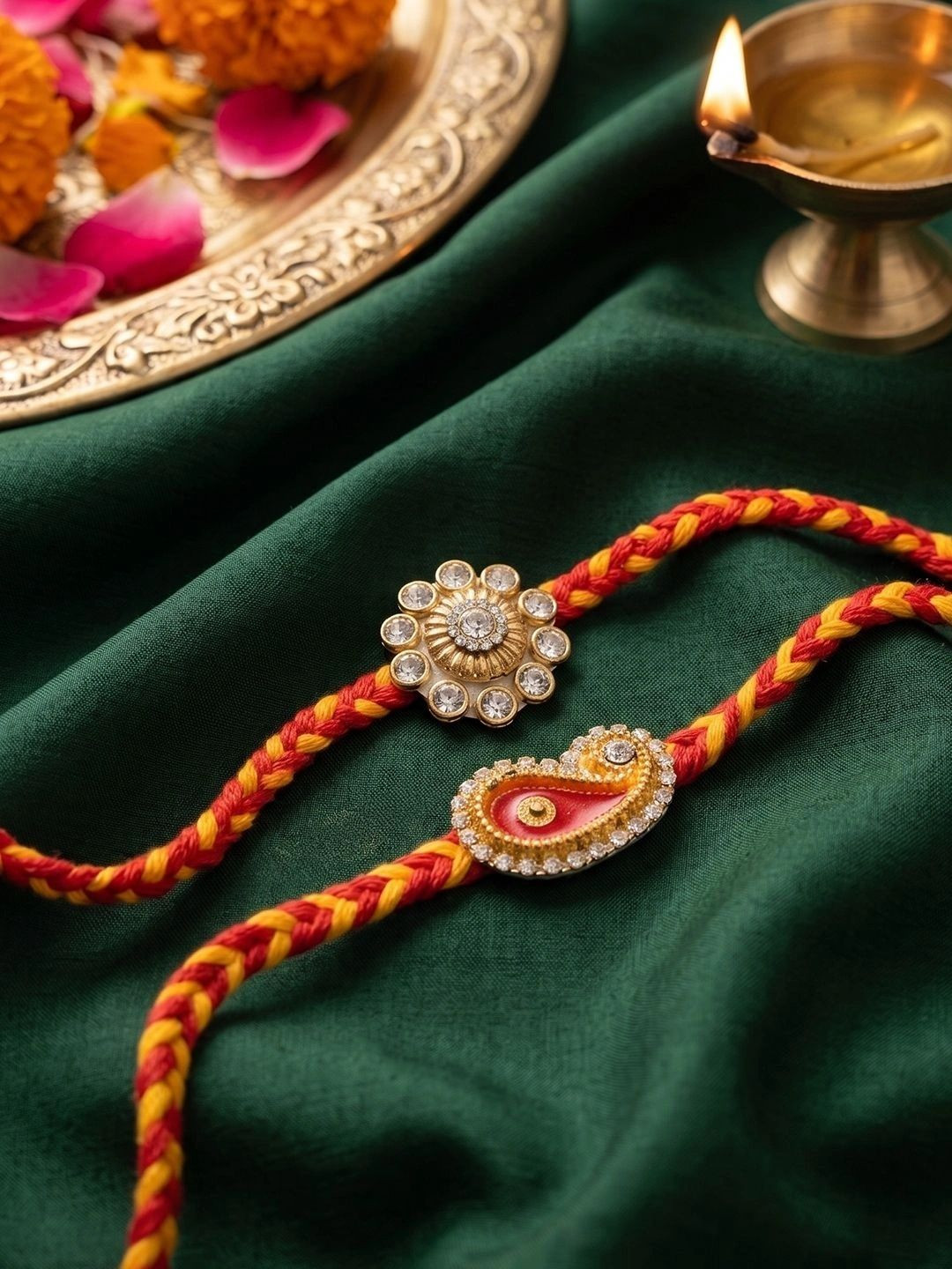 NVR Set Of 2 Gold & Red Thread & Kundan Rakhi With Roli Chawal Chandan Mishri