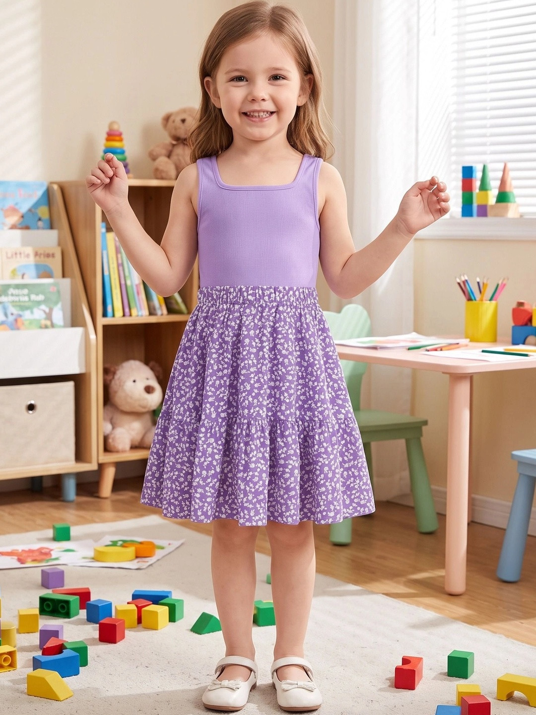 Kidlily Girls Lavender Cotton Blend Floral Printed Fit & Flare Dress