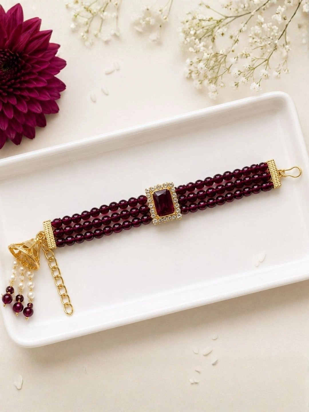 I Jewels Gold Plated Stone-Studded & Beaded Hanging Lumba Rakhi