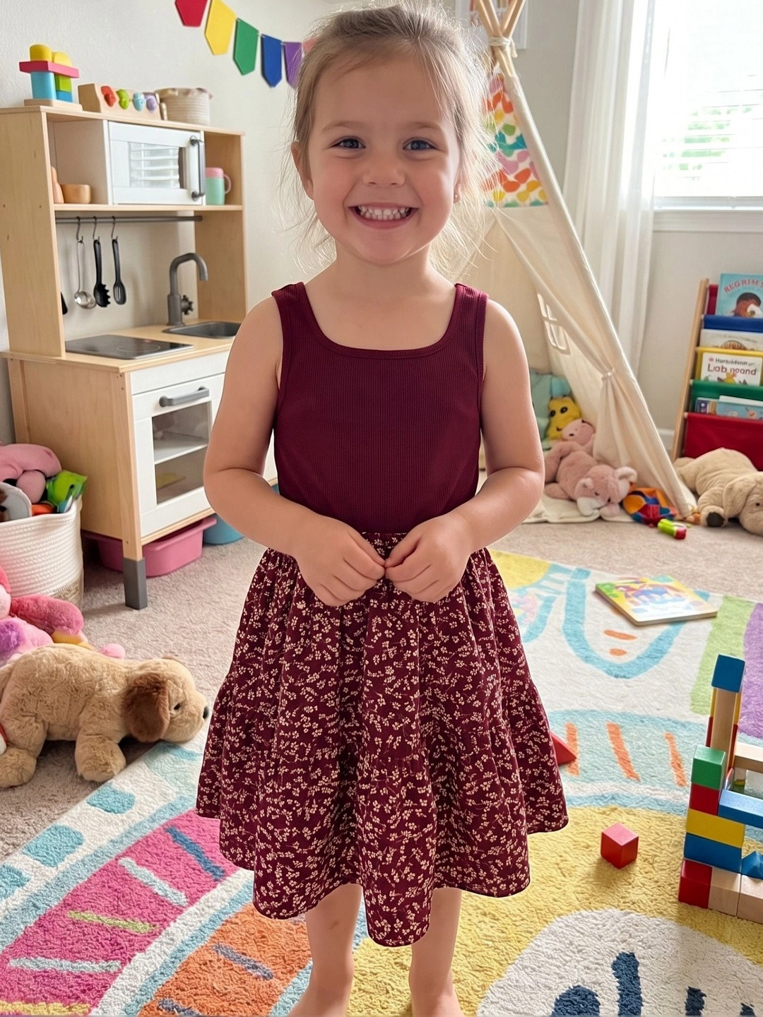 Kidlily Girls Maroon Cotton Blend Floral Printed Fit & Flare Dress