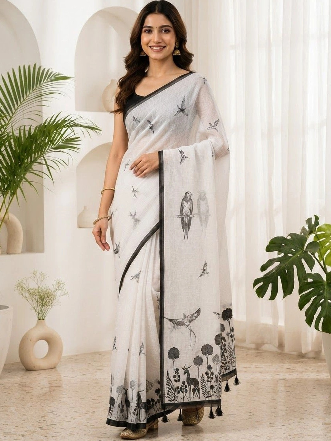 MEHARIKA Floral Pure Linen Khadi Saree