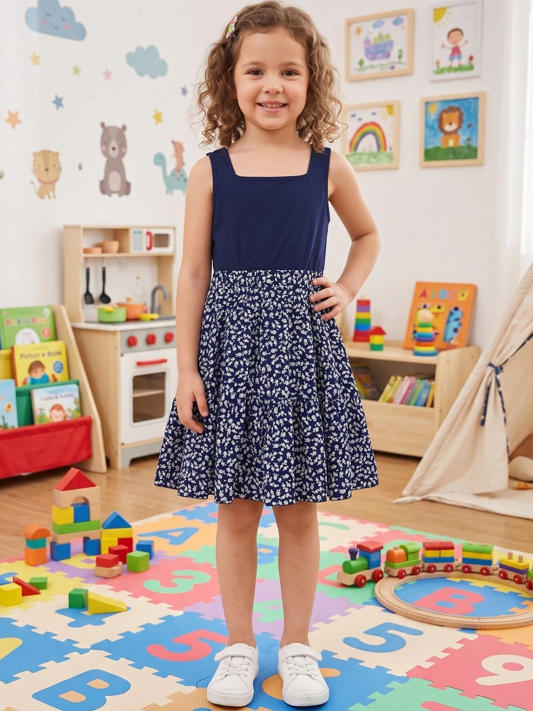 Kidlily Girls Navy Blue Cotton Blend Floral Printed Fit & Flare Dress