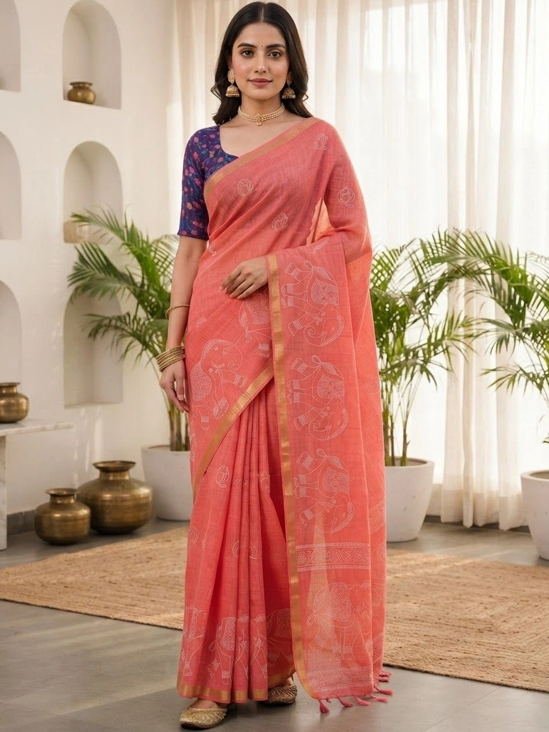MEHARIKA Floral Pure Linen Khadi Saree