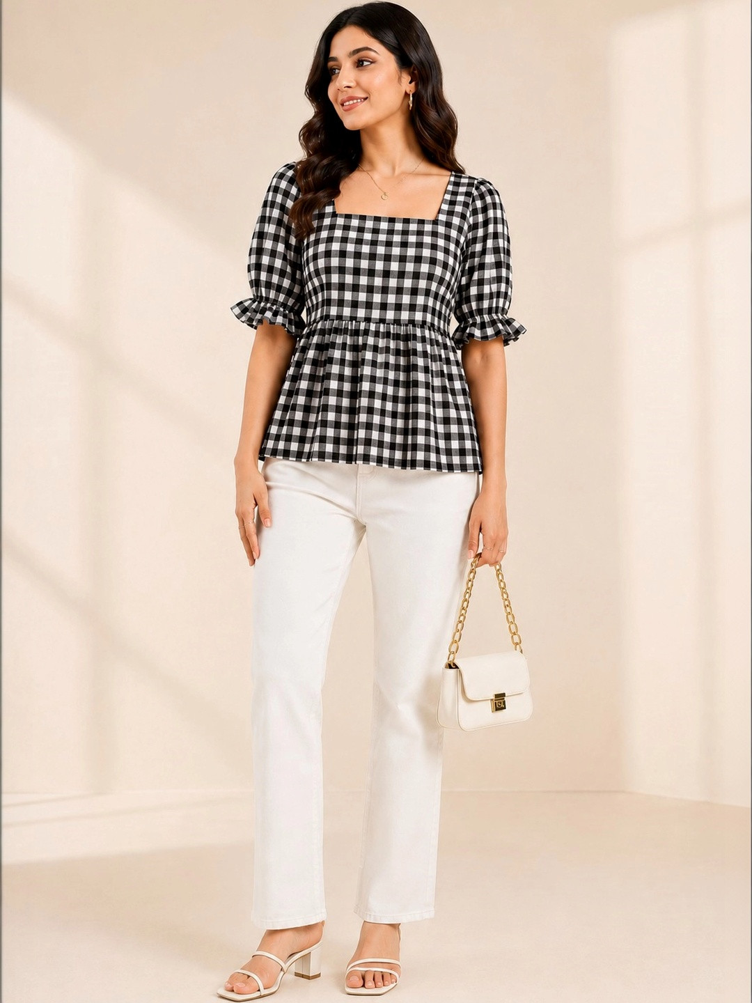 VALUE CREATION Checked Puff Sleeve Cotton Peplum Top