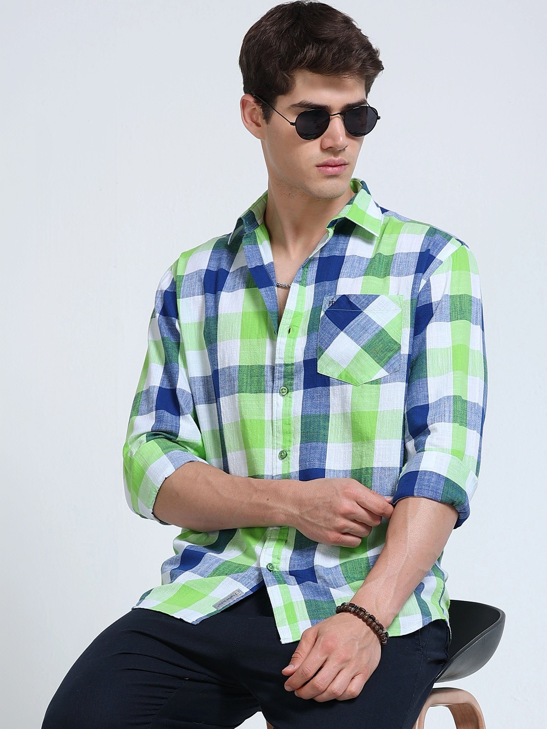 FashionDistrict Men Comfort Gingham Checks Sheer Striped Casual Shirt