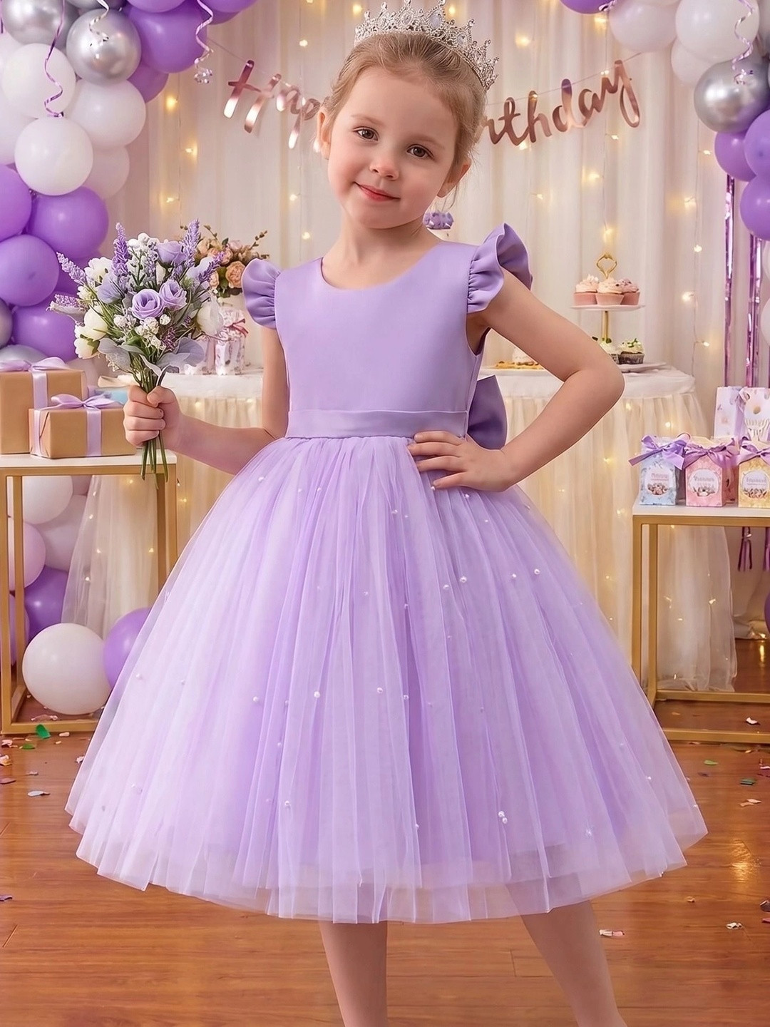 Kidlily Embellished Ruffled Net A-Line Dress