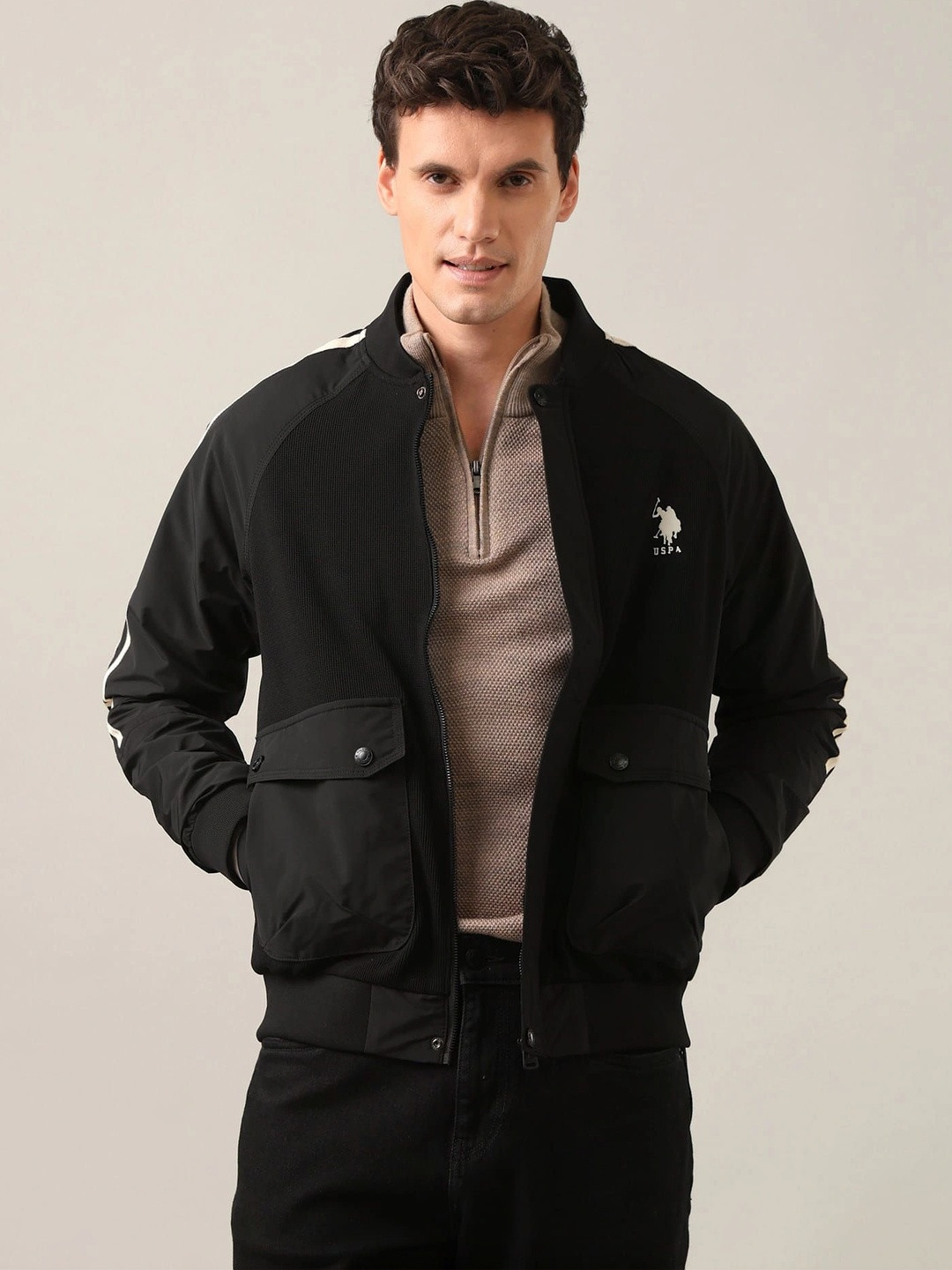 U.S. Polo Assn. Denim Co. Men Brand Logo Striped Bomber Jacket