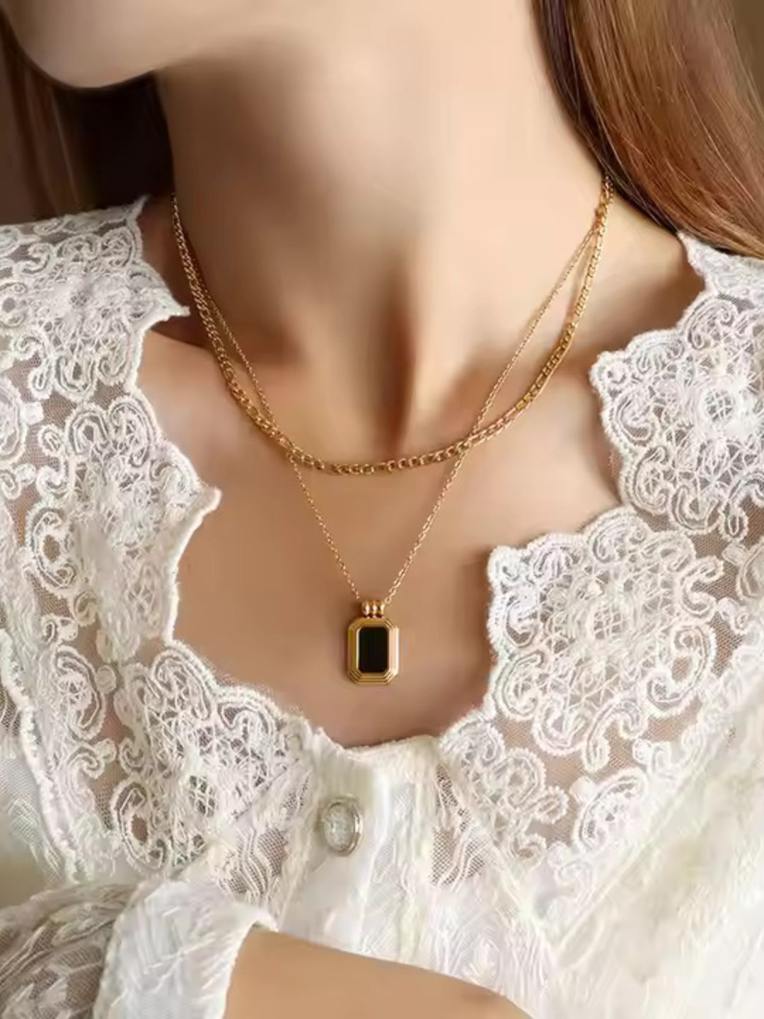 ZAISHA 18k Gold Plated Stainless Steel Waterproof & Anti-Tarnish Black Onyx Multilayer Necklace