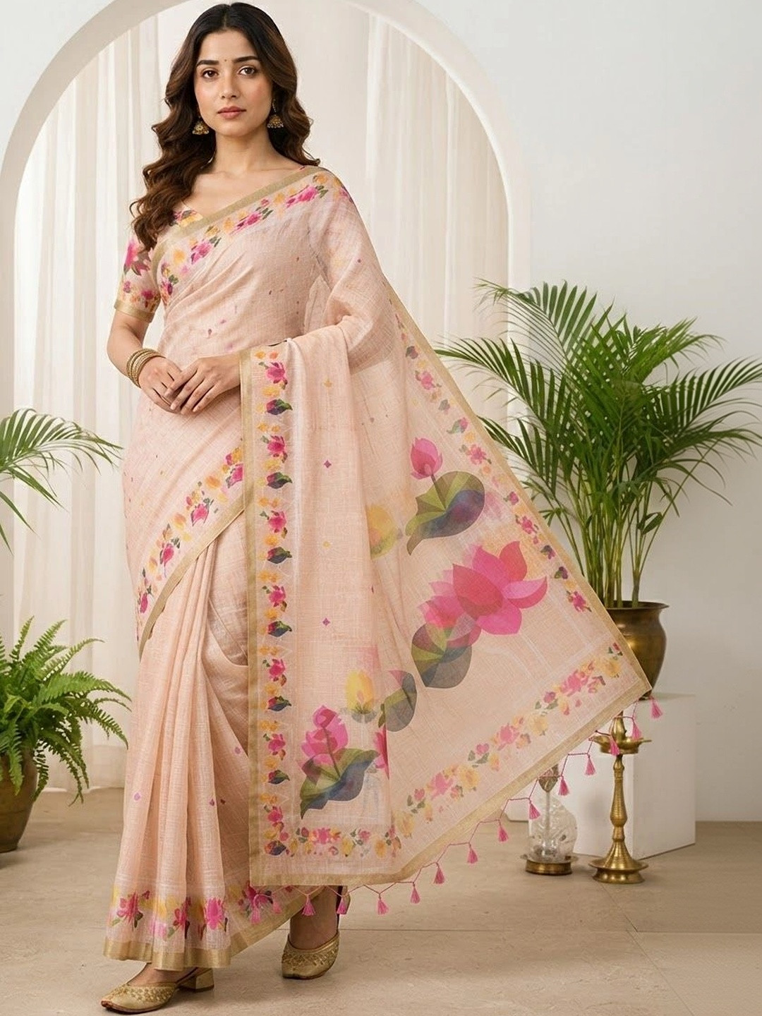 MEHARIKA Floral Pure Linen Khadi Saree