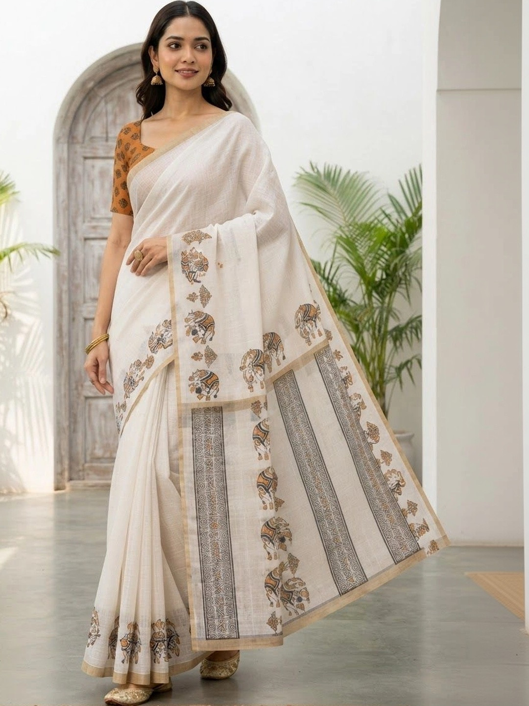 MEHARIKA Floral Pure Linen Khadi Saree
