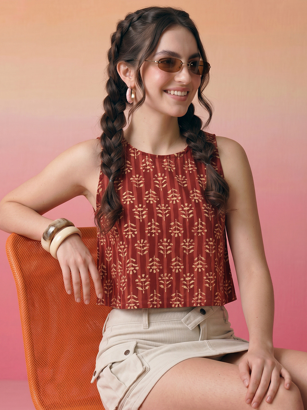 ZACCAI Sleeveless Ethnic Printed Crop Top