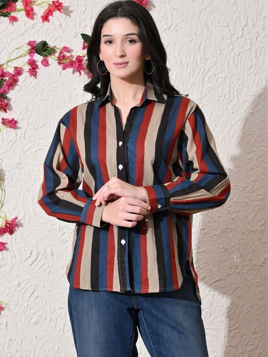 SANGAKURTI Women Striped Printed Cotton High & Low Casual Shirt
