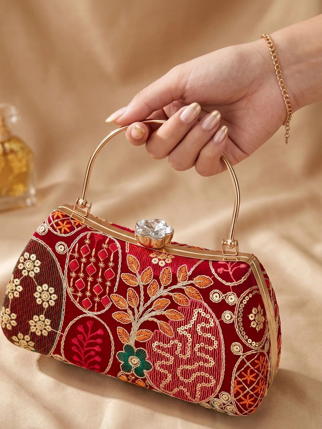 ANOUK Lushira Embroidered Clutch with Crystal Clasp & Detachable Chain for Women
