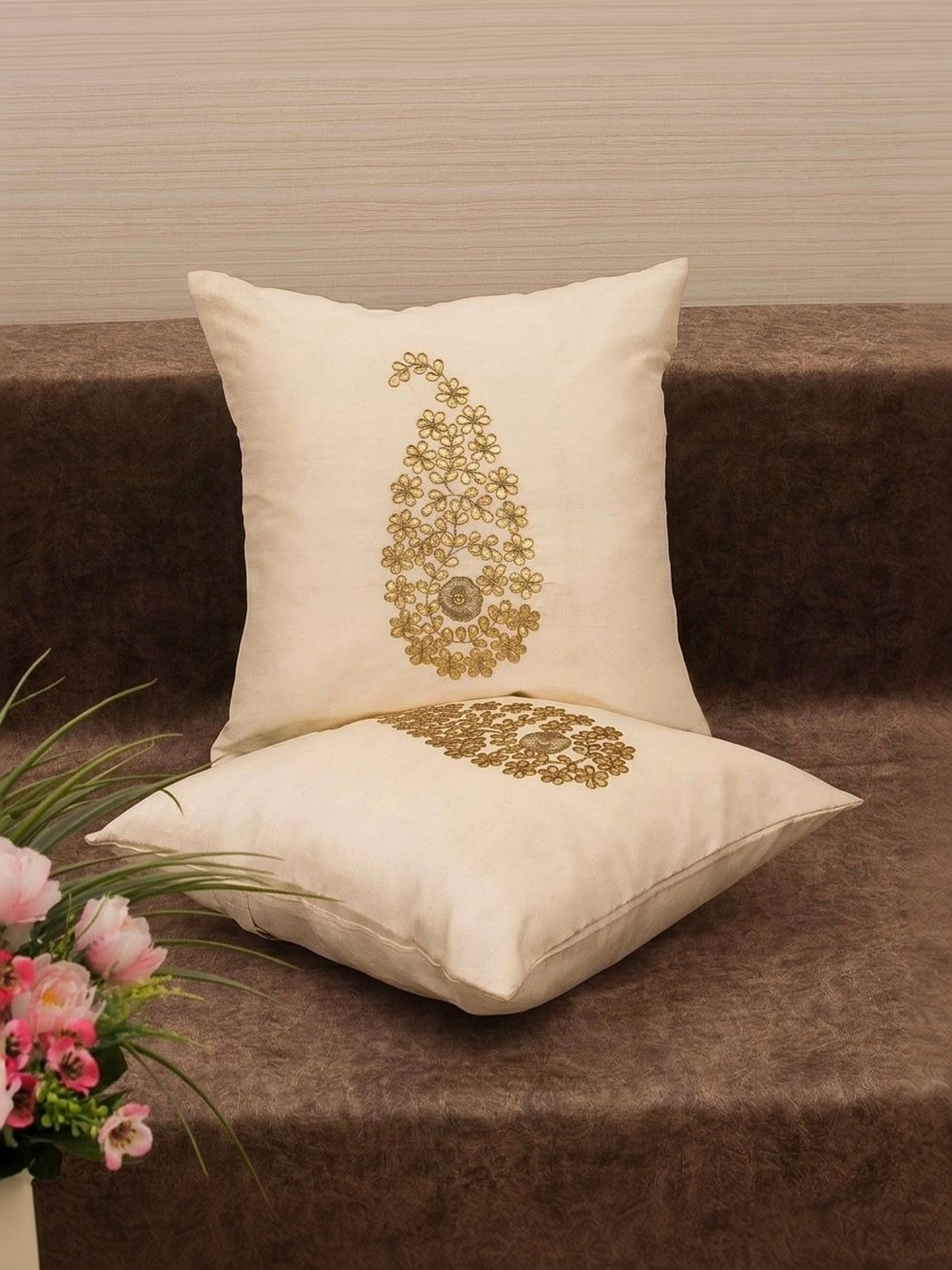 RoyalDeco Cream and Gold Toned 2 Pieces Cushion Cover