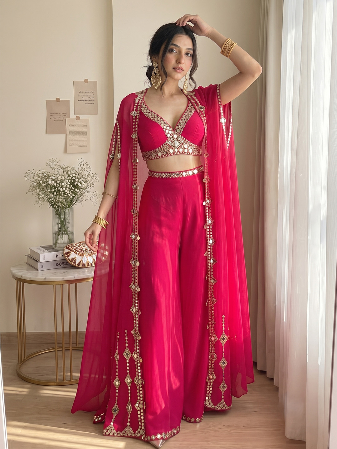 STARLY Embellished Mirror Work V-Neck Crop Top Palazzos With Shrug Co-ords