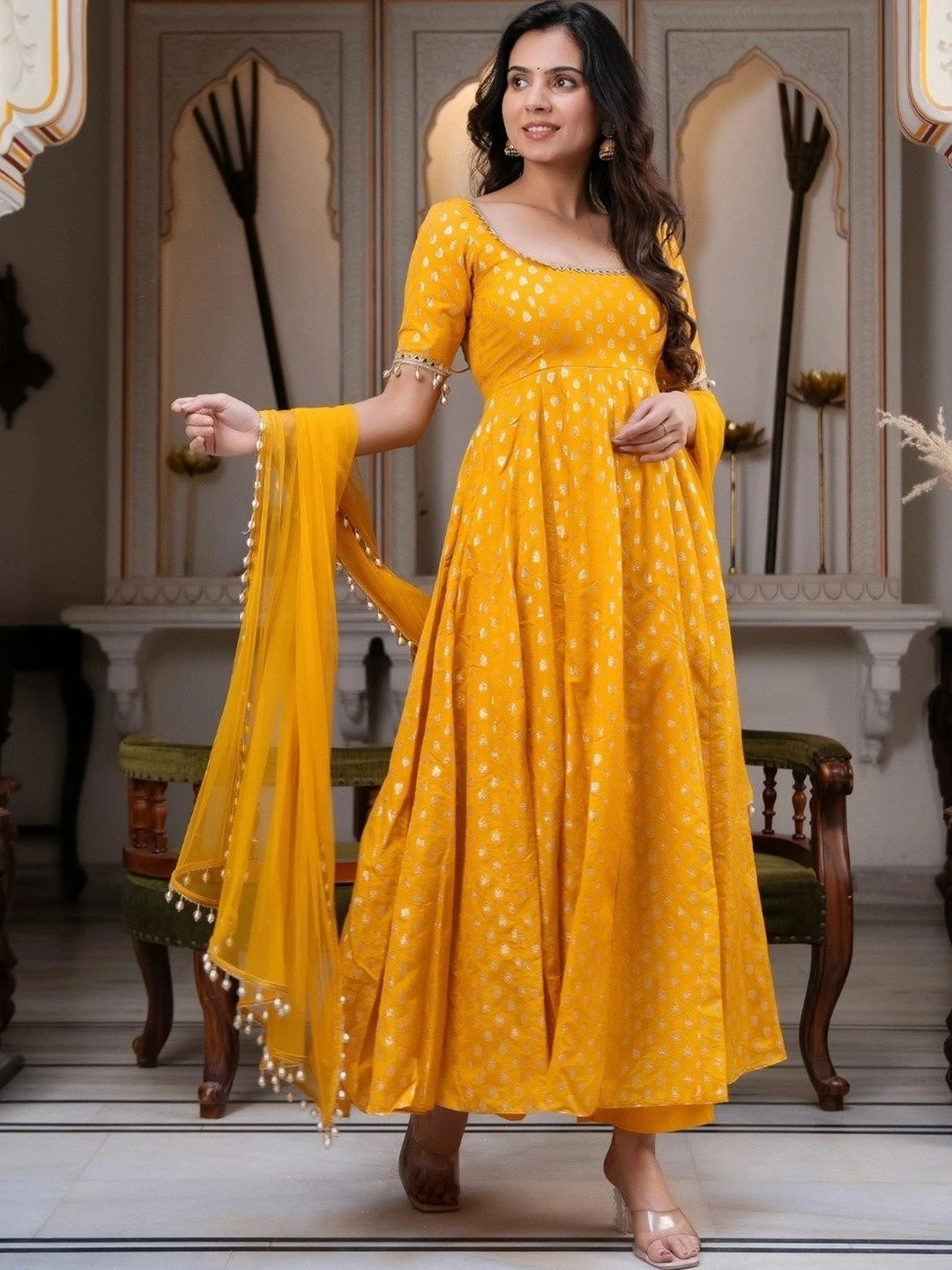 NAVYAAZRI Women Ethnic Motifs Printed Empire Gotta Patti Chanderi Silk Kurta with Trousers & With Dupatta