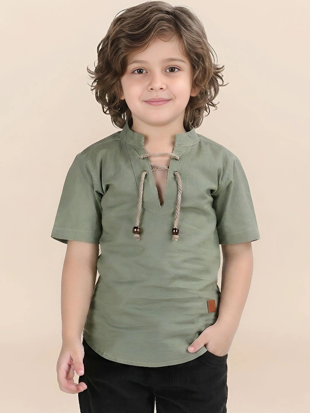 Polka Tots Boys mandarin Collar Short Sleeves Straight Kurta