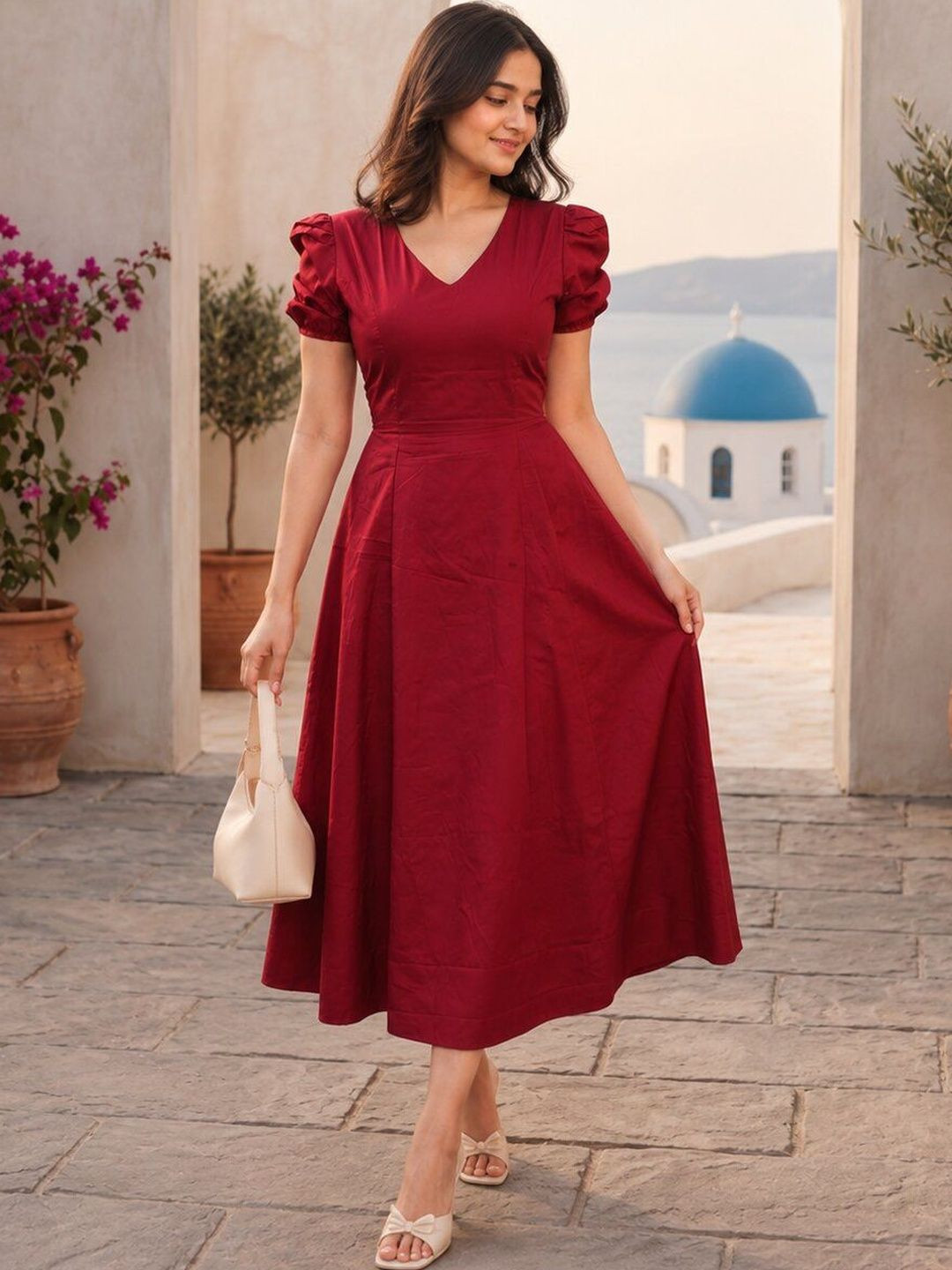 ELYRAA Puff Sleeve Fit & Flare Maxi Dress