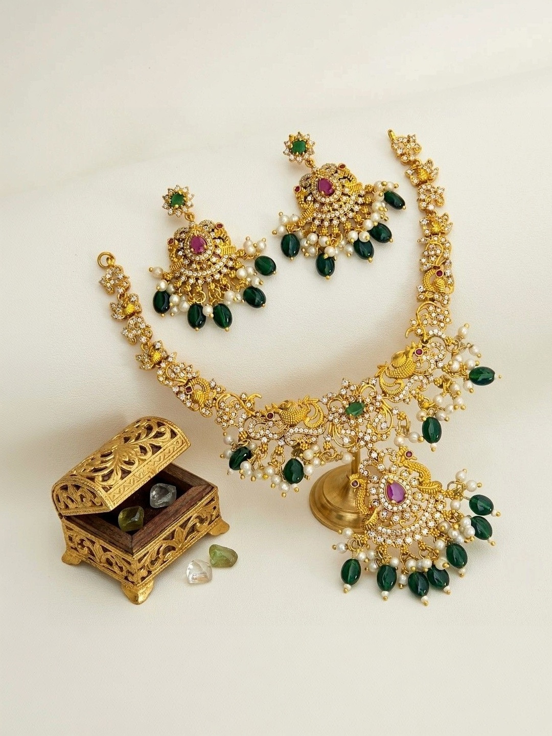 DAZZIRA Gold-Plated Antique Cubic Zirconia Necklace and Earrings