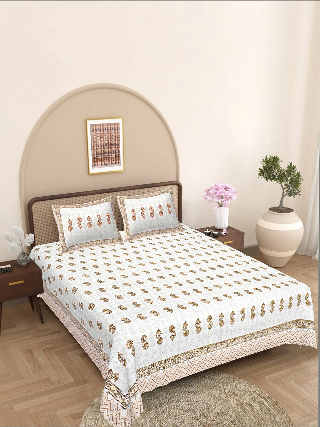 FrionKandy Living White & White Floral 180 TC King Bedsheet with 2 Pillow Covers