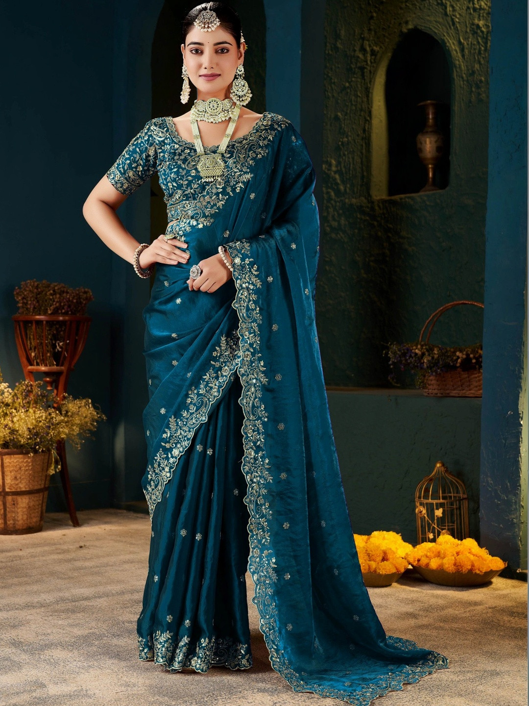 ANJAVI FASHION Floral Zari Heavy Work Saree