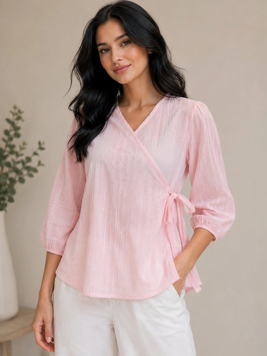KATLINE Puff Sleeve Cotton Wrap Top